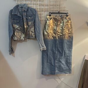 Denim and Metallic Gold Jacket and Skirt Set